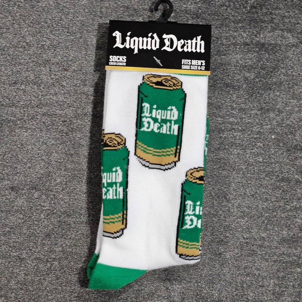 Liquid Death Mens Crew Socks White Green Can Graphic Print Shoe Size 6-12 NEW